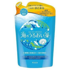  KRACIE Umi No Uruoiso Moisture Care Увлажняющий шампунь-кондиционер для волос 2-в-1 с экстрактами морских водорослей, с освежающим цветочно-морским ароматом, сменная упаковка 380мл., фото 1 