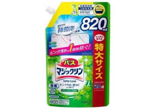  KAO Спрей-пенка Magiclean Super Clean для ванной комнаты от розовой и чёрной плесени, с антибактериальным эффектом, аромат зелёных трав, 820 мл, фото 1 