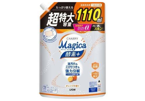 LION Средство для мытья посуды "Charmy Magica+" (концентрированное, аромат фруктово-апельсиновый) 1110 мл, сменная упаковка с крышкой, фото 1 