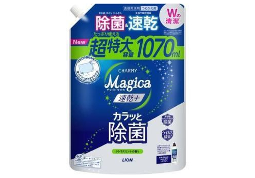  LION Средство для мытья посуды "Charmy Magica+" (концентрированное, с ароматом цитруса и мяты) 1070 мл, сменная упаковка с крышкой, фото 1 