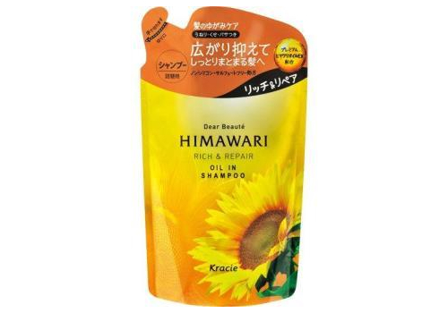  KRACIE Dear Beaute Himawari Rich & Repair Шампунь с растительным комплексом для поврежденных волос, с цветочным ароматом и нотками черной смородины и грейпфрута, сменная упаковка 360мл., фото 1 