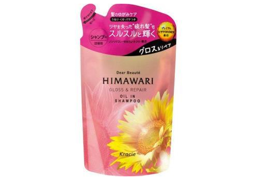  KRACIE Dear Beaute Himawari Gloss & Repair Шампунь с растительным комплексом для восстановления блеска поврежденных волос, с цветочным ароматом и нотками персика, мангустина и муската, сменная упаковка 360мл., фото 1 