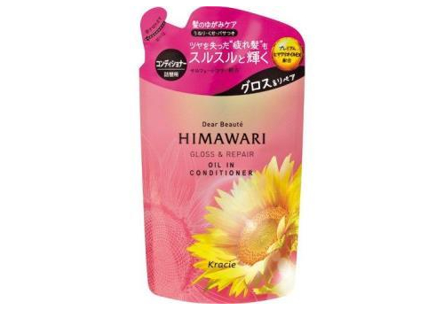  KRACIE Dear Beaute Himawari Gloss & Repair Кондиционер с растительным комплексом для восстановления блеска поврежденных волос, с цветочным ароматом и нотками персика, мангустина и муската, сменная упаковка 360г., фото 1 