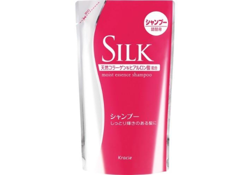  KRACIE Silk Moist Essence Shampoo Увлажняющий шампунь для волос, с шелком и природным коллагеном, с цветочно-фруктовым ароматом, сменная упаковка 350мл., фото 1 