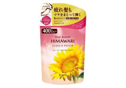  KRACIE Dear Beaute Himawari Gloss & Repair Кондиционер с растительным комплексом для восстановления блеска поврежденных волос, с цветочным ароматом и нотками персика, мангустина и муската, сменная упаковка 400г., фото 1 