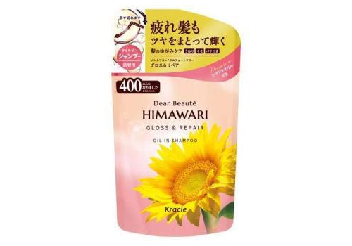 KRACIE Dear Beaute Himawari Gloss & Repair Шампунь с растительным комплексом для восстановления блеска поврежденных волос, с цветочным ароматом и нотками персика, мангустина и муската, сменная упаковка 400мл., фото 1 