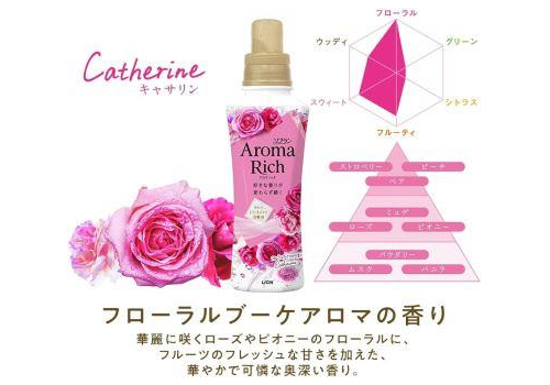  LION Aroma Rich Catherine Кондиционер для белья с ароматом клубники, персика, розы и пиона, 480мл. 1/16, фото 3 