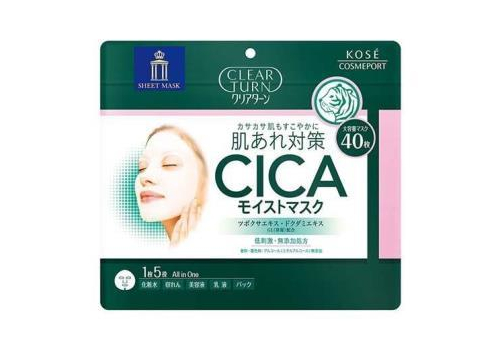  KOSE Clear Turn CICA Moist Mask Увлажняющая и тонизирующая тканевая маска для ухода за подверженной раздражению кожей лица, с экстрактом центеллы азиатской, 40шт в мягкой zip-упаковке., фото 1 